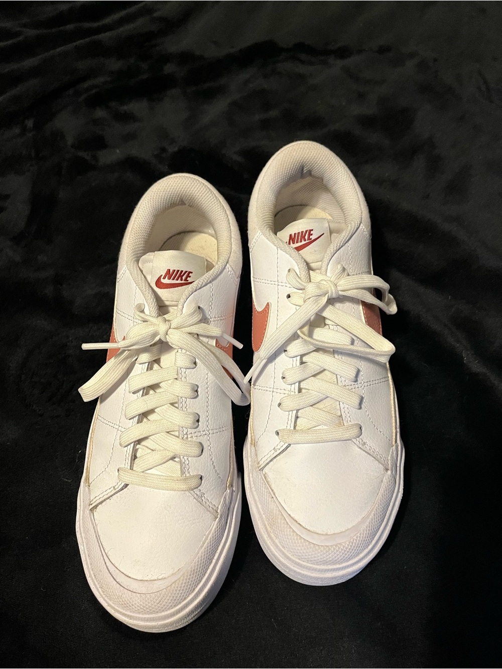 Nike Court Legacy Lift White Sneakers with Coral Swoosh and Red Tongue Logo